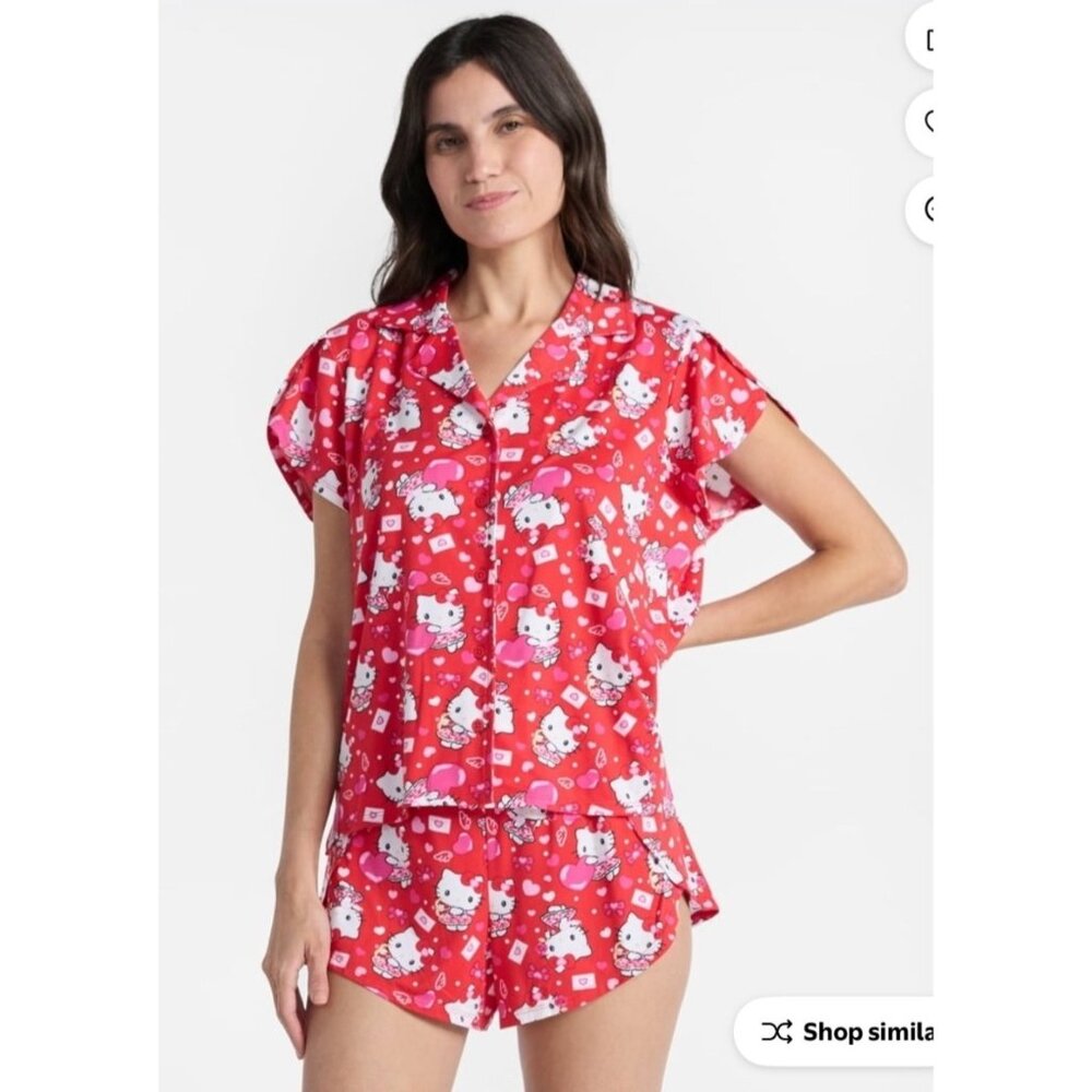 Hello Kitty Sanrio  NWT 2 Pcs Button up shirt- Shorts Wmns LG 12-14 Sleepwear
